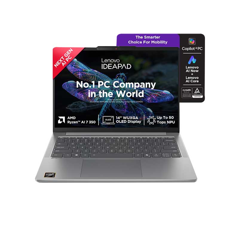 Picture of Lenovo IdeaPad Slim 3 - AMD Ryzen AI 7 350  14" (35.5cm) 83HX001NIN Thin & Light Laptop (24GB/ 1TB SSD/ WUXGA OLED/ Camera Privacy Shutter/ Integrated AMD Radeon 860M Graphics/ Backlit Keyboard/ Windows 11 Home/ Office Home 2024/ 1Year Warranty/ Luna Grey/ 1.39 kg)